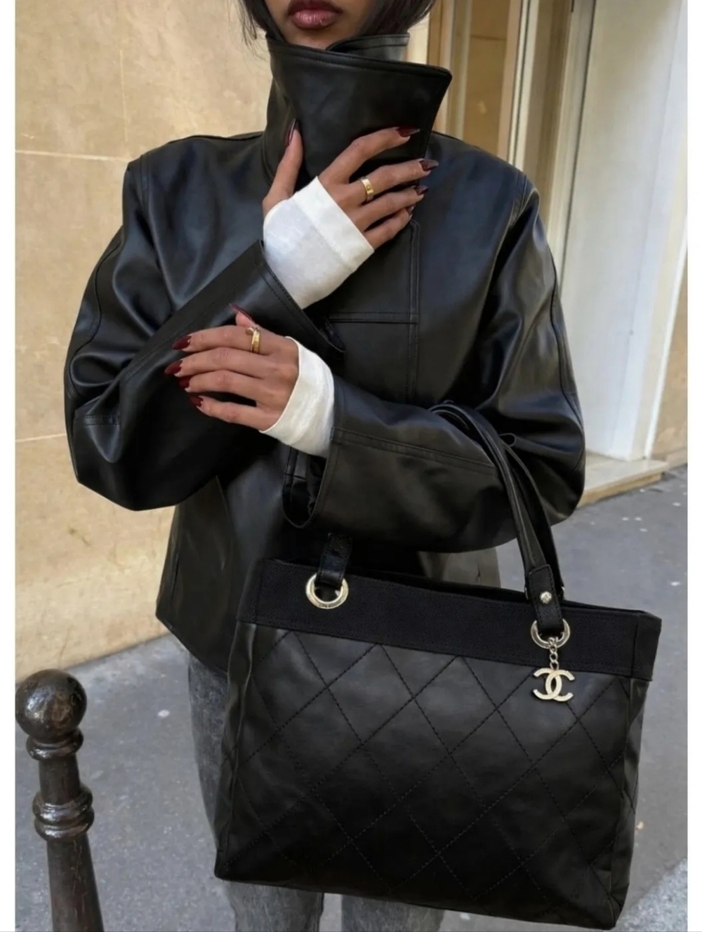 Chanel Black Quilted Leather Tote with CC Charm